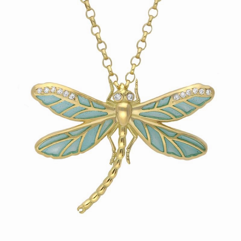 18ct Yellow Gold Diamond Blue Enamel Style & Fashion Dragonfly Necklace