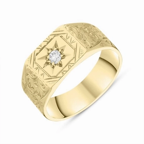 18ct Yellow Gold Diamond Carved Square Signet Ring