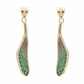 18ct Yellow Gold Diamond Enamel Style & Fashion Dragonfly Wing Stud Earrings