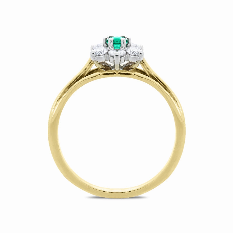 18ct Yellow Gold Emerald Diamond Floral Cluster Ring