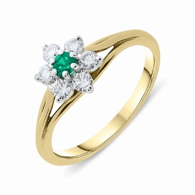 18ct Yellow Gold Emerald Diamond Floral Cluster Ring