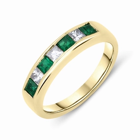 18ct Yellow Gold Emerald Diamond Princess Cut Half Eternity Ring