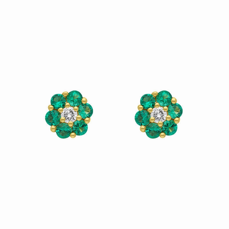 18ct Yellow Gold Emerald Diamond Round Cluster Flower Stud Earrings
