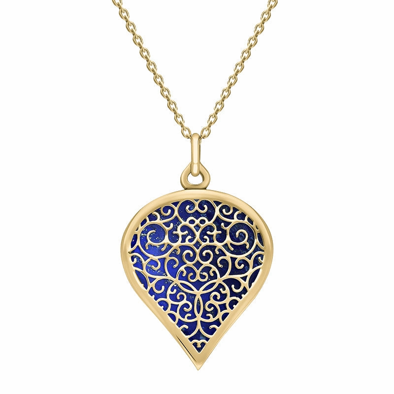 18ct Yellow Gold Lapis Lazuli Flore Filigree Large Heart Necklace