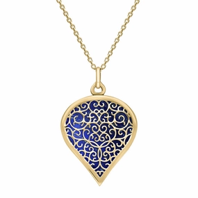 18ct Yellow Gold Lapis Lazuli Flore Filigree Large Heart Necklace
