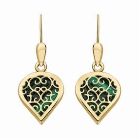 18ct Yellow Gold Malachite Flore Filigree Heart Drop Earrings