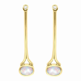 18ct Yellow Gold Opal 0.06ct Diamond Long Drop Earrings D