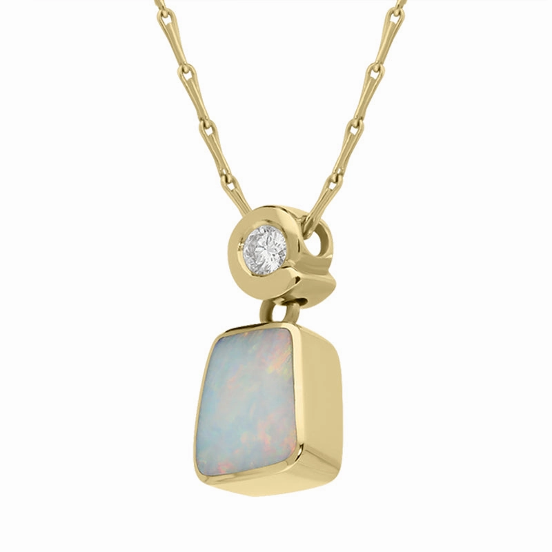 18ct Yellow Gold Opal 0.10ct Diamond Square Cut Unique Necklace D