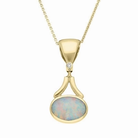 18ct Yellow Gold Opal Diamond Oval Long Drop Necklace D