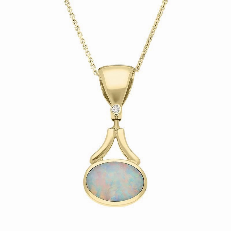 18ct Yellow Gold Opal Diamond Oval Long Drop Necklace D