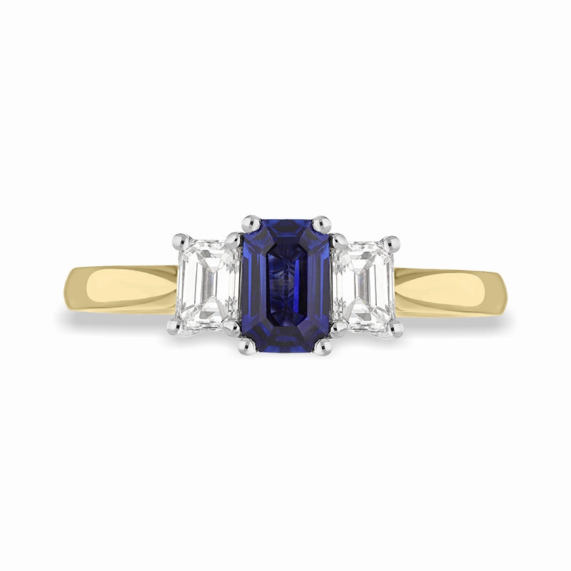 18ct Yellow Gold Sapphire Diamond Emerald Cut Three Stone Ring