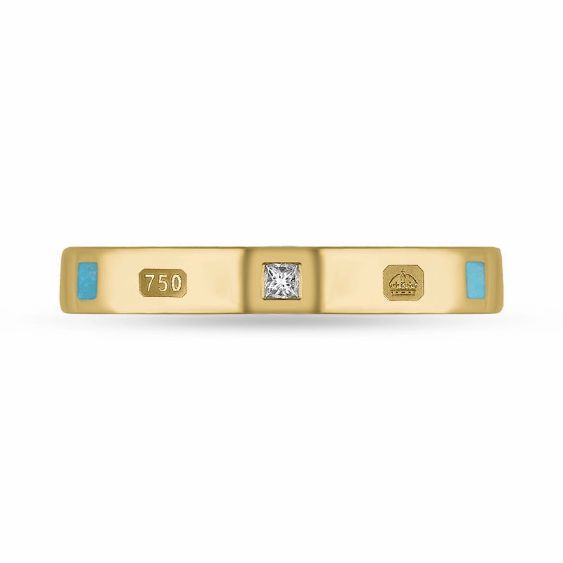 18ct Yellow Gold Turquoise 0.05ct Diamond Queen's Jubilee Hallmark Princess Cut 3mm Ring D