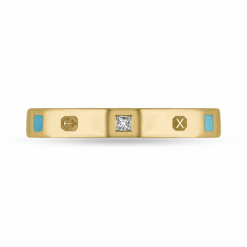 18ct Yellow Gold Turquoise 0.05ct Diamond Queen's Jubilee Hallmark Princess Cut 3mm Ring D