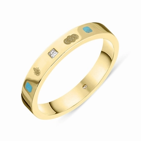 18ct Yellow Gold Turquoise 0.05ct Diamond Queen's Jubilee Hallmark Princess Cut 3mm Ring D