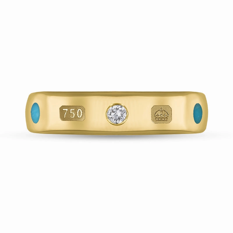 18ct Yellow Gold Turquoise 0.08ct Diamond Queen's Jubilee Hallmark 5mm Ring D