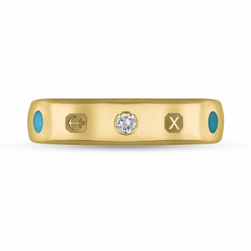 18ct Yellow Gold Turquoise 0.08ct Diamond Queen's Jubilee Hallmark 5mm Ring D