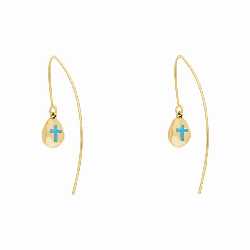 18ct Yellow Gold Turquoise Cross Disc Drop Earrings