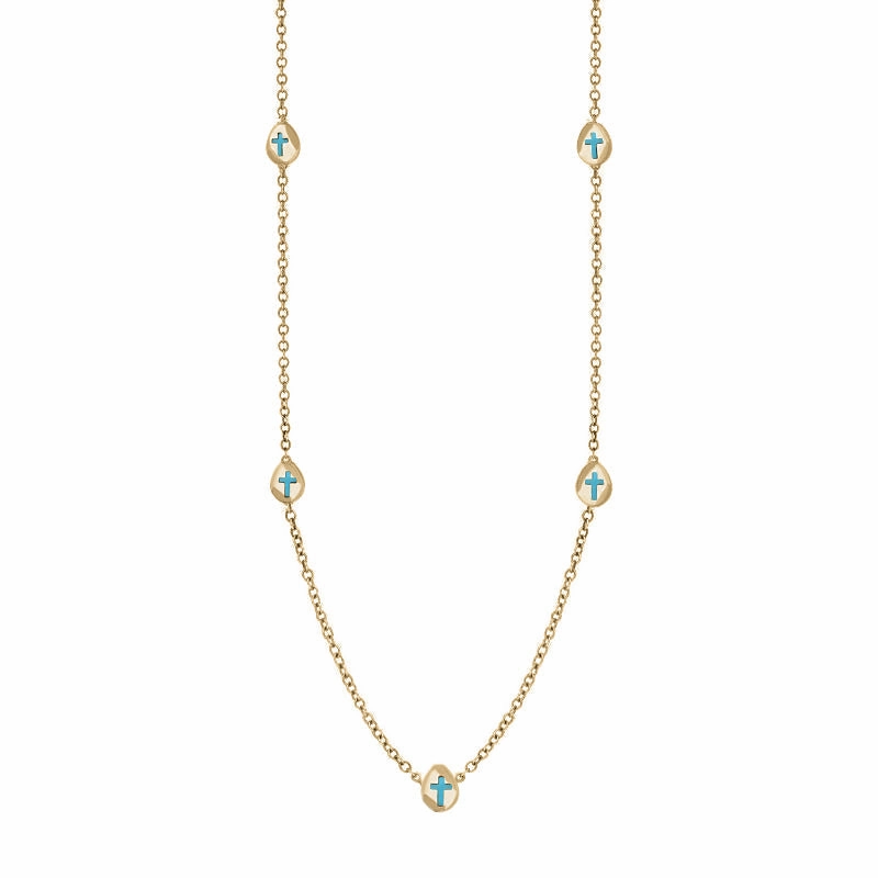 18ct Yellow Gold Turquoise Cross Link Disc Chain Necklace