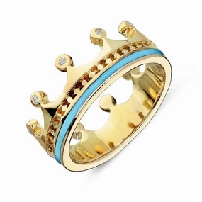 18ct Yellow Gold Turquoise Diamond Tiara Patterned Band Ring