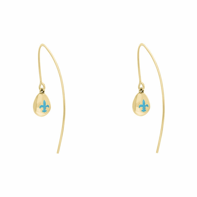 18ct Yellow Gold Turquoise Fleur De Lis Disc Drop Earrings