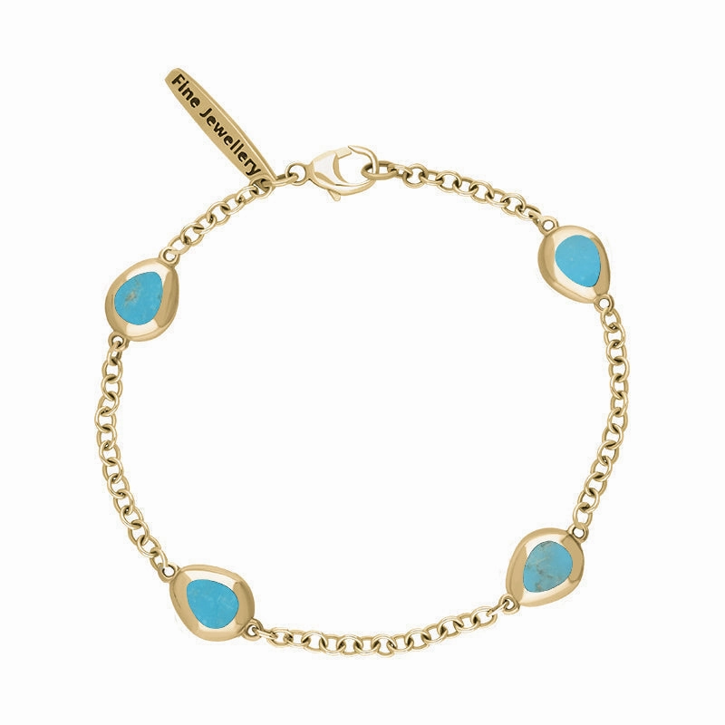 18ct Yellow Gold Turquoise Oval Cross Detail Four Stone Bracelet