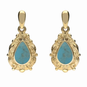 18ct Yellow Gold Turquoise Pear Shaped Leaf Drop Earrings