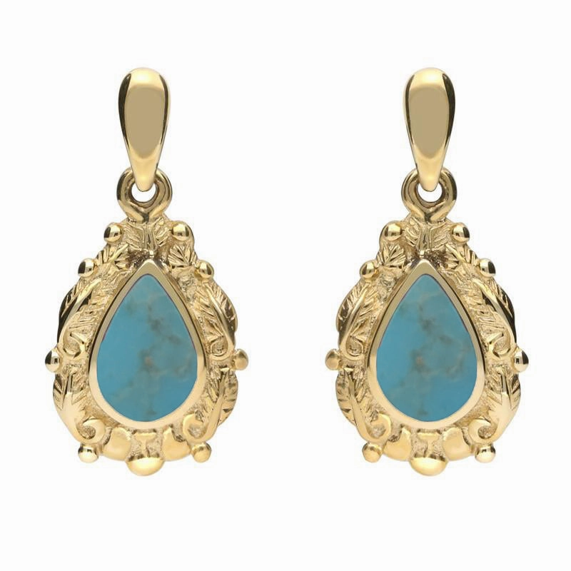 18ct Yellow Gold Turquoise Pear Shaped Leaf Drop Earrings