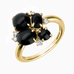 18ct Yellow Gold Whitby Jet 0.09ct Diamond 4 Stone Cluster Ring