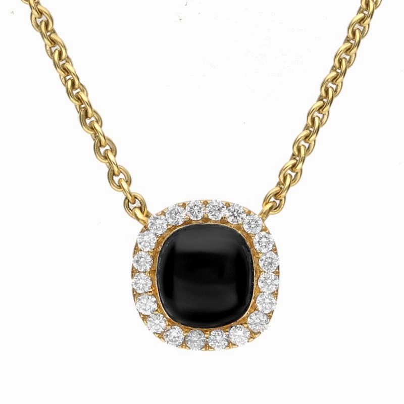 18ct Yellow Gold Whitby Jet 0.14ct Diamond Cushion Shaped Necklace