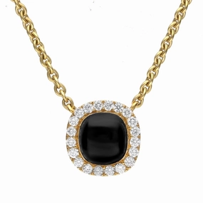 18ct Yellow Gold Whitby Jet 0.14ct Diamond Cushion Shaped Necklace