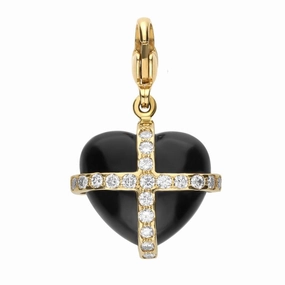 18ct Yellow Gold Whitby Jet 0.18ct Diamond Medium Cross Heart Charm