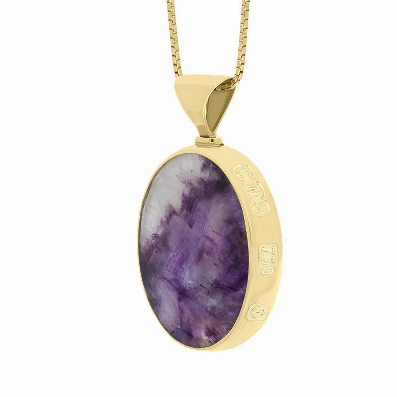 18ct Yellow Gold Whitby Jet Blue John King's Coronation Hallmark Double Sided Oval Necklace D