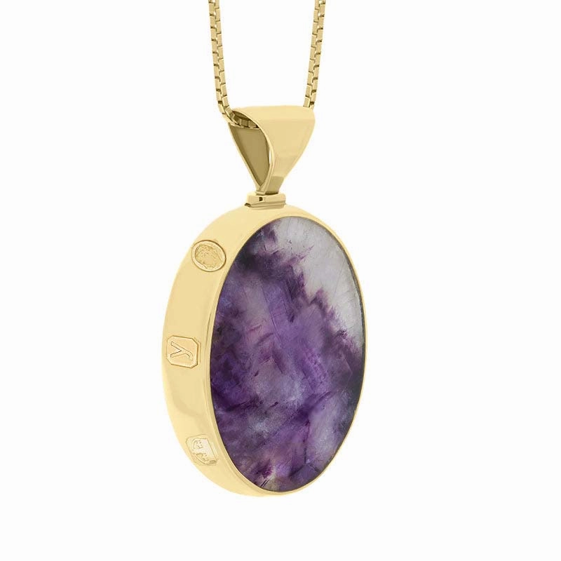 18ct Yellow Gold Whitby Jet Blue John King's Coronation Hallmark Double Sided Oval Necklace D