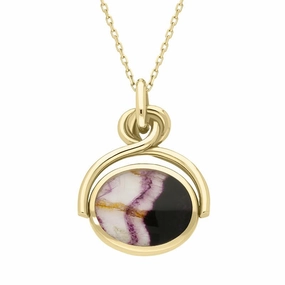 18ct Yellow Gold Whitby Jet Blue John Oval Swivel Fob Necklace
