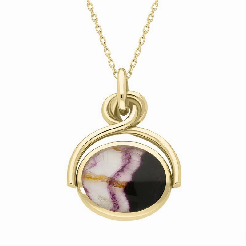 18ct Yellow Gold Whitby Jet Blue John Oval Swivel Fob Necklace