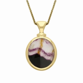 18ct Yellow Gold Whitby Jet Blue John Small Double Sided Oval Fob Necklace