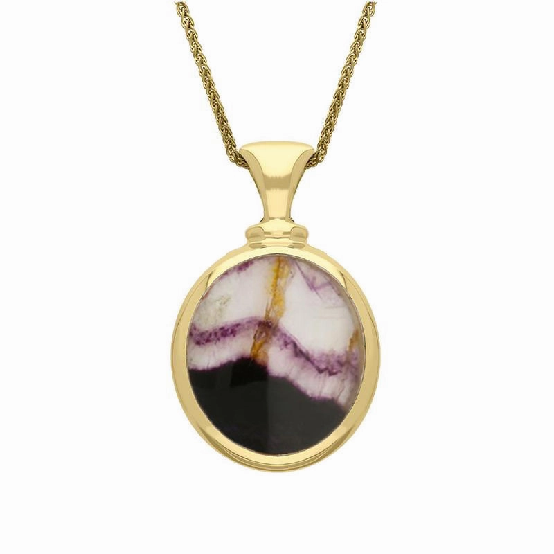 18ct Yellow Gold Whitby Jet Blue John Small Double Sided Oval Fob Necklace
