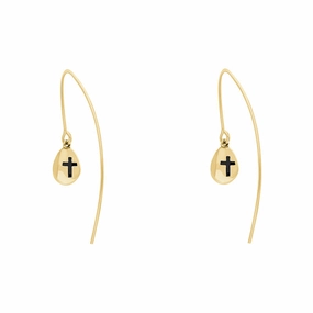 18ct Yellow Gold Whitby Jet Cross Disc Drop Earrings