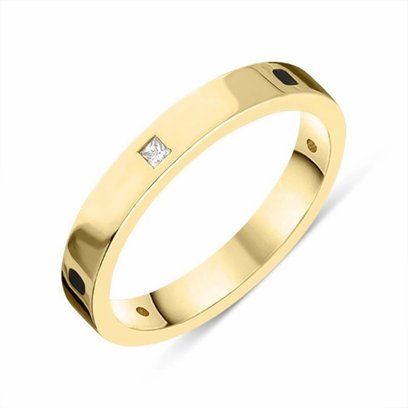 18ct Yellow Gold Whitby Jet Diamond 3mm Wedding Band Ring