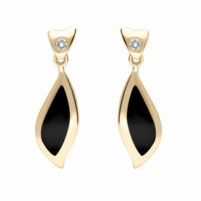 18ct Yellow Gold Whitby Jet Diamond Leaf Shape Earrings D
