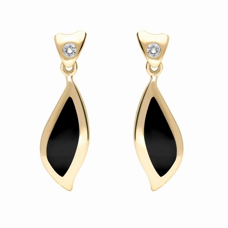 18ct Yellow Gold Whitby Jet Diamond Leaf Shape Earrings D