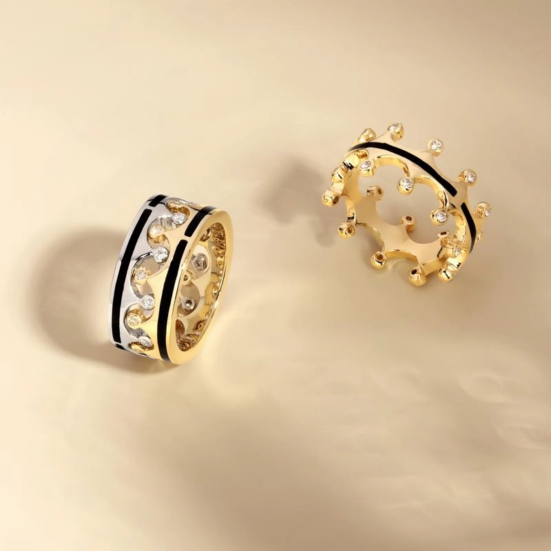 18ct Yellow Gold Whitby Jet Diamond Tiara Double Band Ring