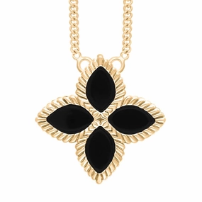 18ct Yellow Gold Whitby Jet Eden Large Marquise Flower Necklace