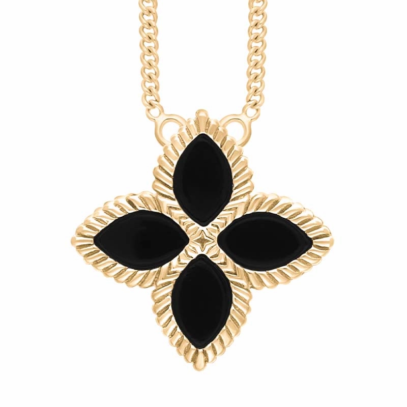 18ct Yellow Gold Whitby Jet Eden Large Marquise Flower Necklace