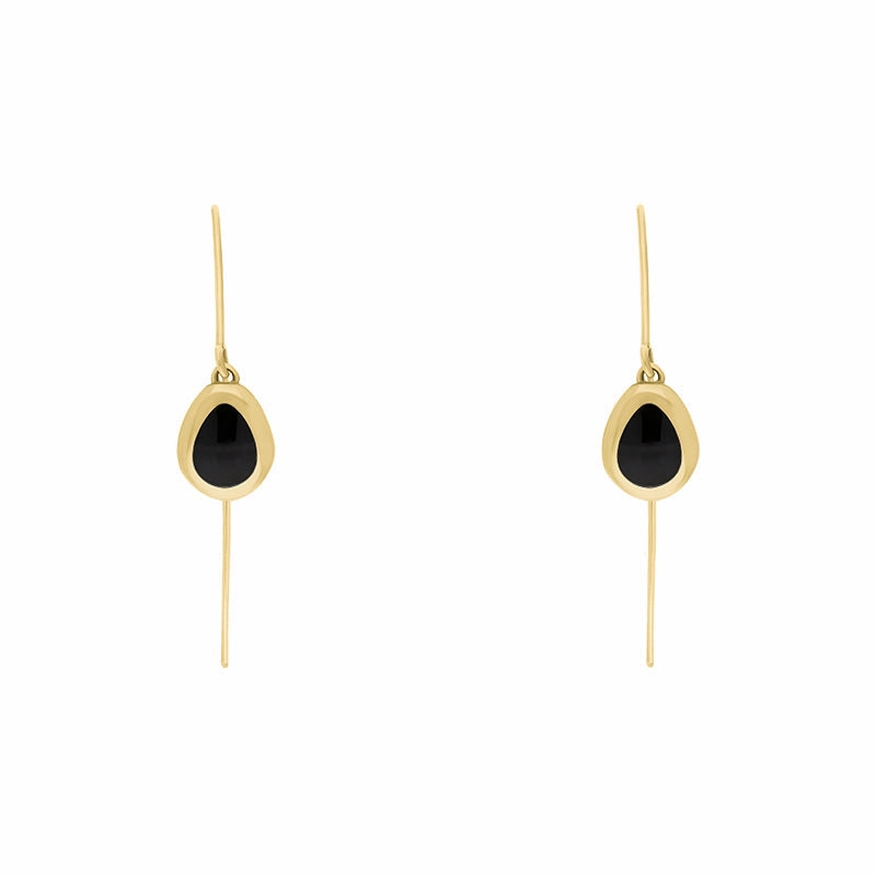 18ct Yellow Gold Whitby Jet Fleur De Lis Disc Drop Earrings