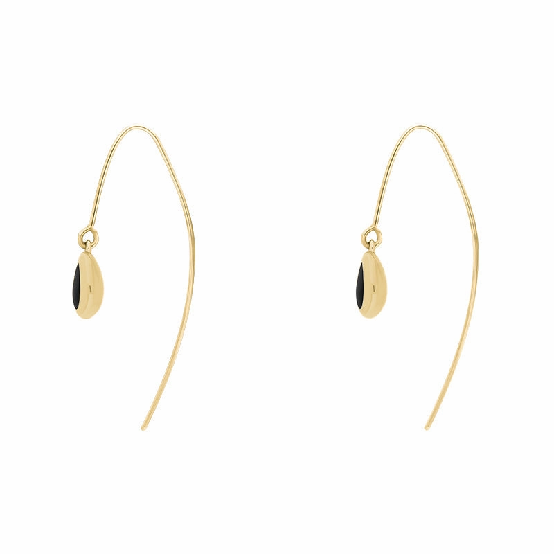18ct Yellow Gold Whitby Jet Fleur De Lis Disc Drop Earrings