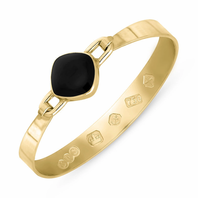 18ct Yellow Gold Whitby Jet Hallmark Wide Cushion Bangle