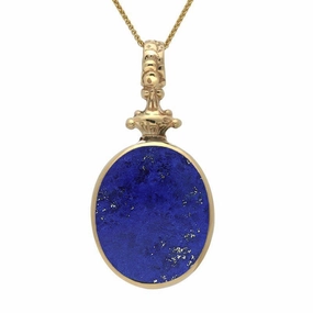 18ct Yellow Gold Whitby Jet Lapis Lazuli Double Sided Oval Fob Necklace