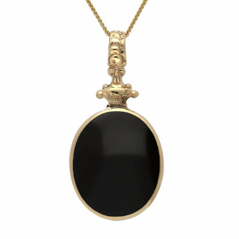 18ct Yellow Gold Whitby Jet Lapis Lazuli Double Sided Oval Fob Necklace