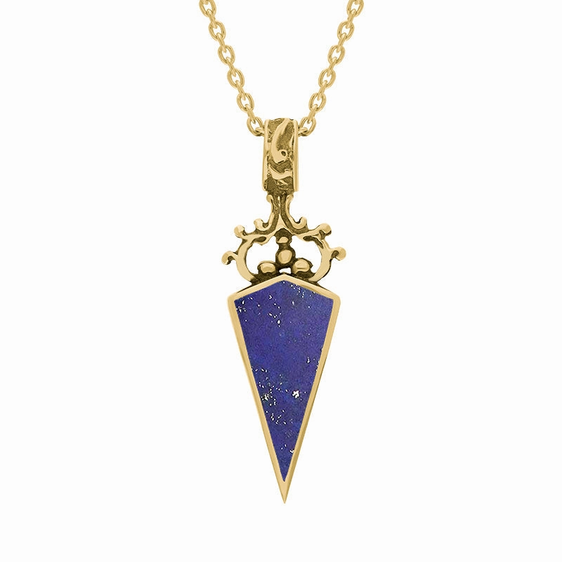 18ct Yellow Gold Whitby Jet Lapis Lazuli Double Sided Scroll Dagger Fob Necklace